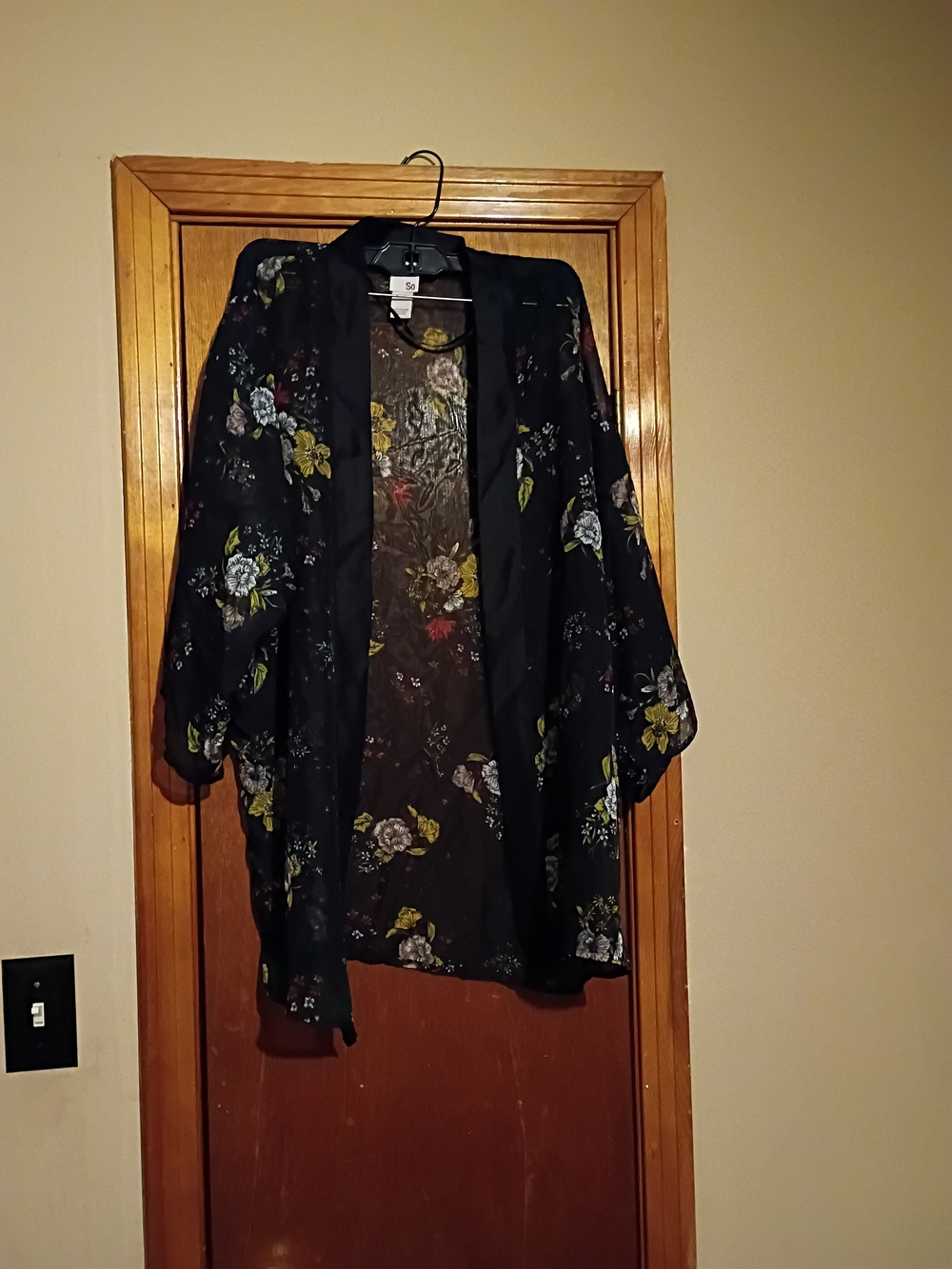 SO Black Floral Sheer Kimono Wrap with Yellow & Green Accents